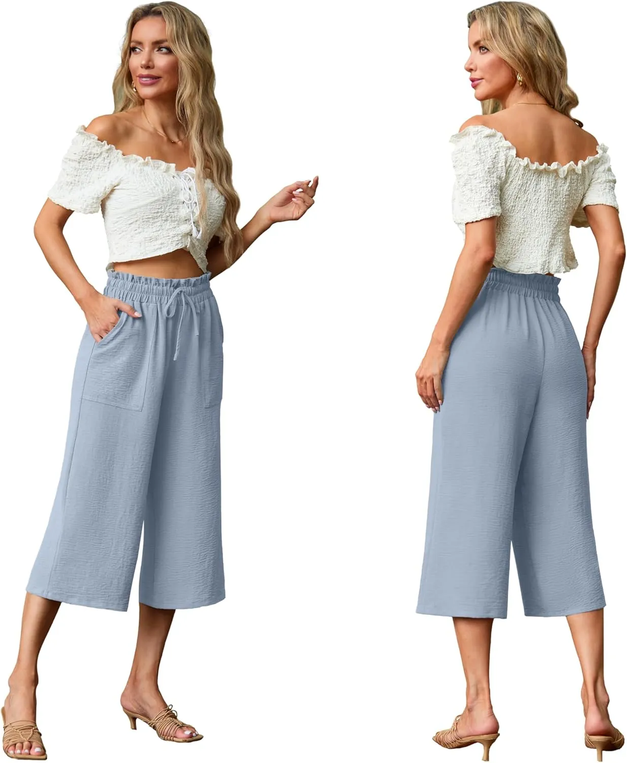Lepunuo Women's Wide Leg Capri Pants High Waisted Palazzo Pants Adjustable Casual Tie Knot Pants with Pockets