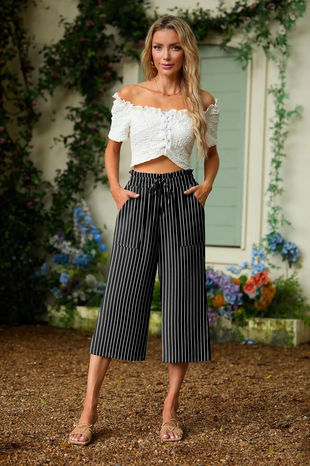 Lepunuo Women's Wide Leg Capri Pants High Waisted Palazzo Pants Adjustable Casual Tie Knot Pants with Pockets
