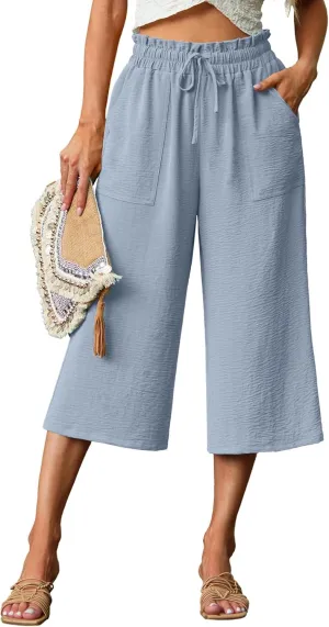 Lepunuo Women's Wide Leg Capri Pants High Waisted Palazzo Pants Adjustable Casual Tie Knot Pants with Pockets