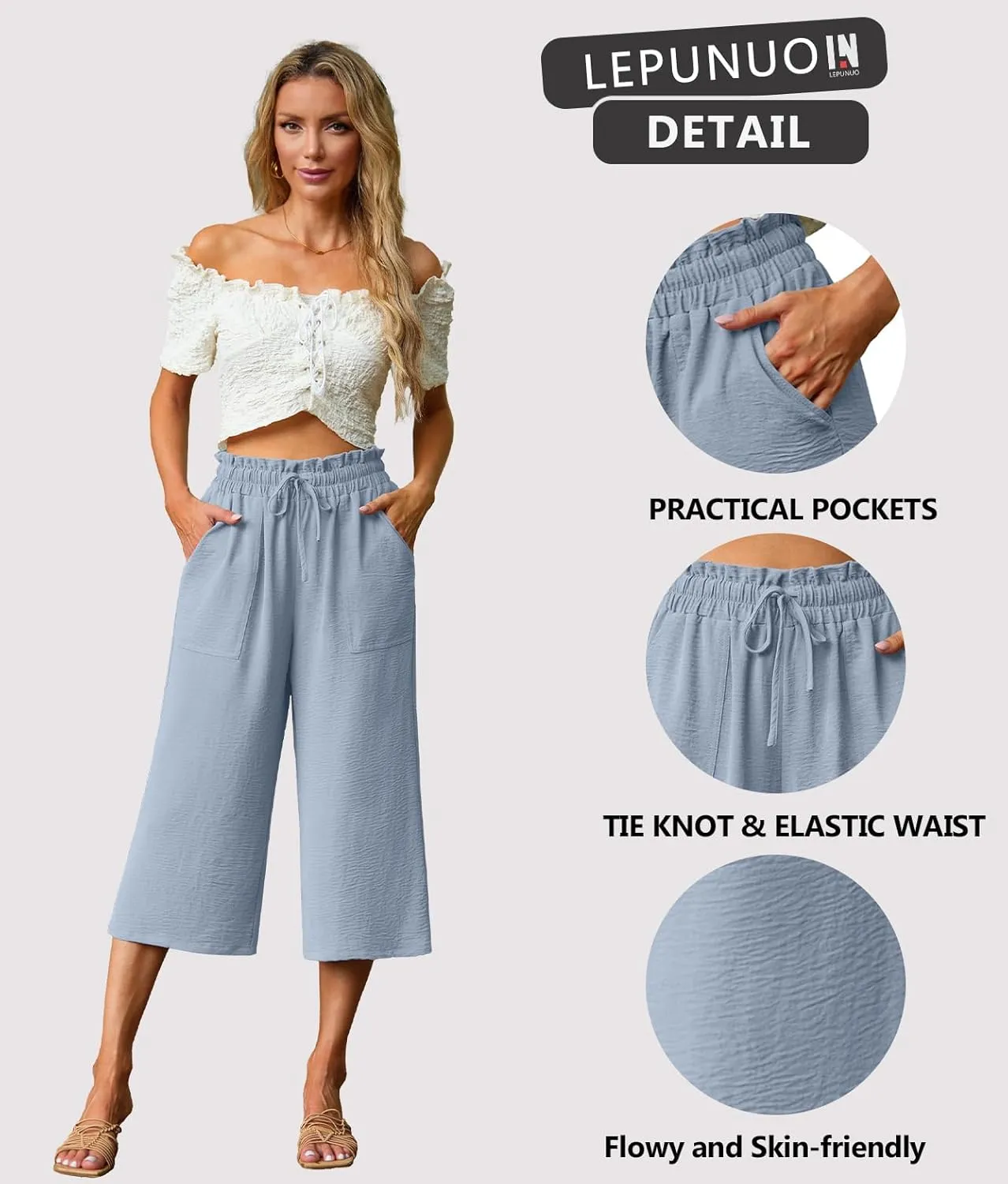Lepunuo Women's Wide Leg Capri Pants High Waisted Palazzo Pants Adjustable Casual Tie Knot Pants with Pockets