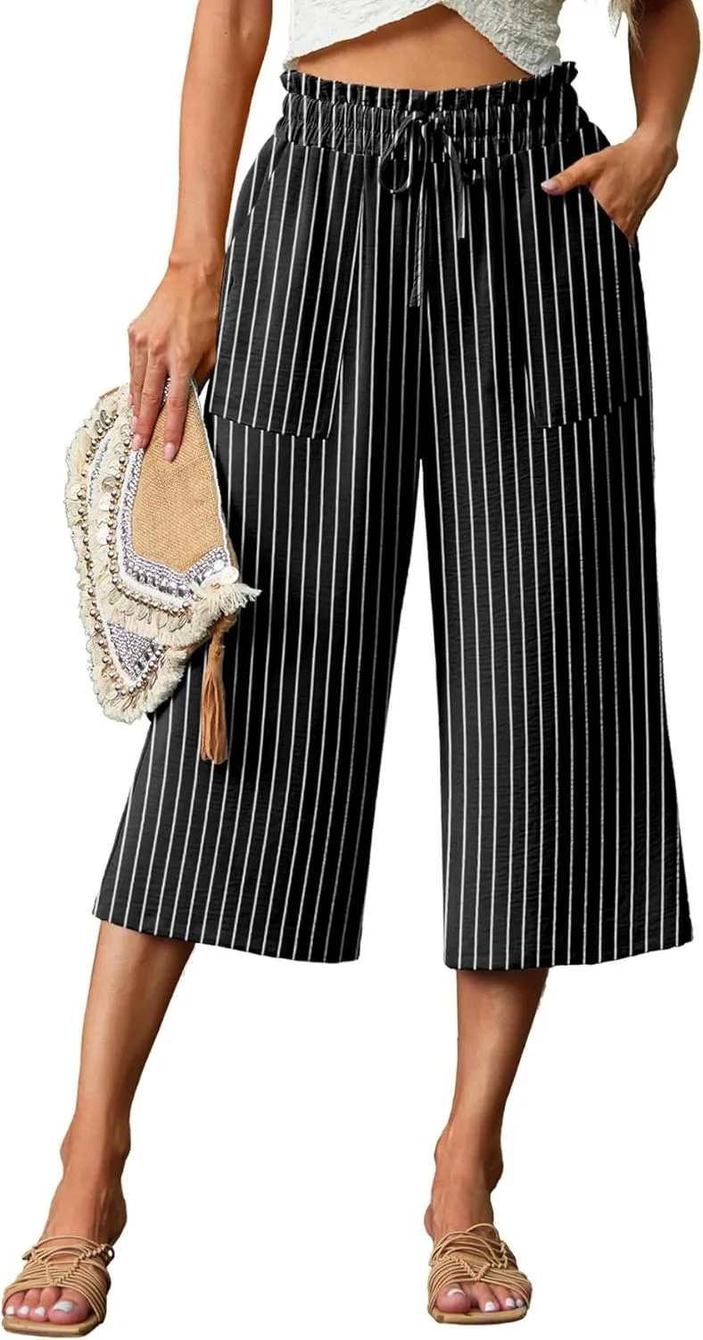 Lepunuo Women's Wide Leg Capri Pants High Waisted Palazzo Pants Adjustable Casual Tie Knot Pants with Pockets