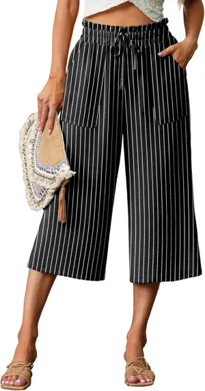 Lepunuo Women's Wide Leg Capri Pants High Waisted Palazzo Pants Adjustable Casual Tie Knot Pants with Pockets