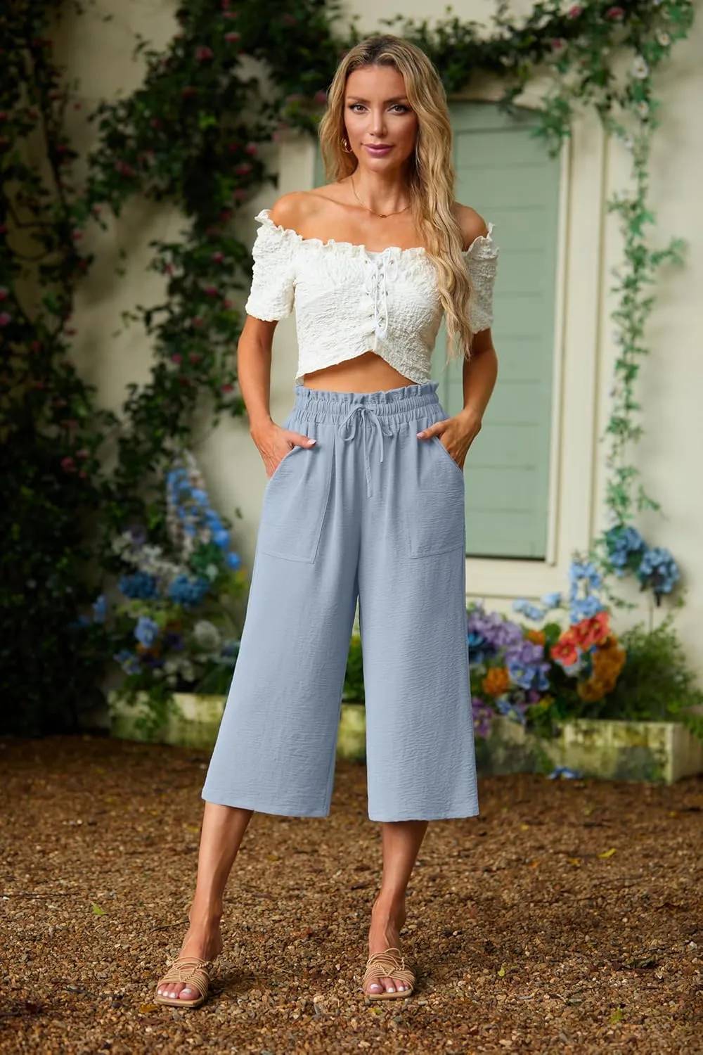 Lepunuo Women's Wide Leg Capri Pants High Waisted Palazzo Pants Adjustable Casual Tie Knot Pants with Pockets