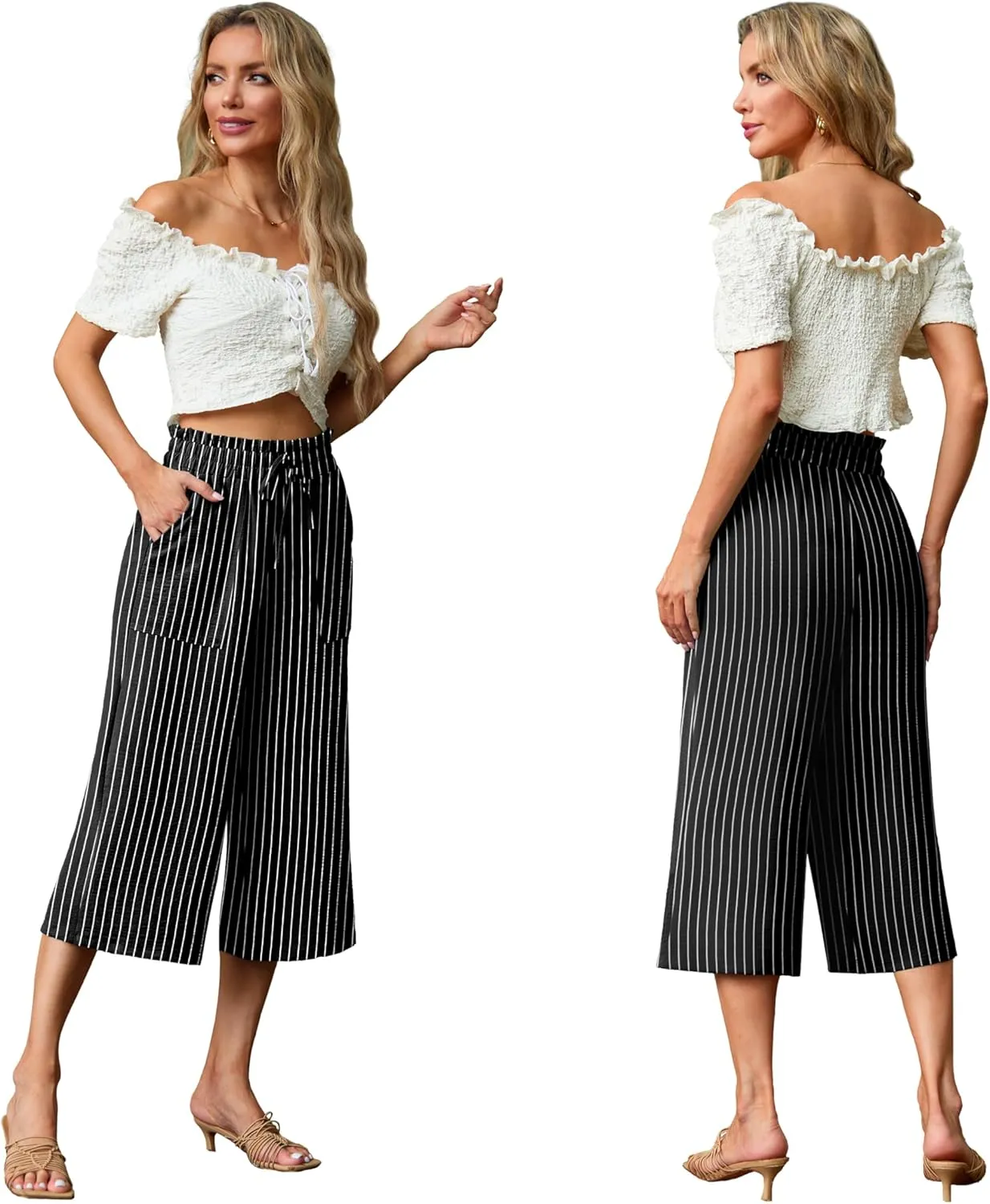 Lepunuo Women's Wide Leg Capri Pants High Waisted Palazzo Pants Adjustable Casual Tie Knot Pants with Pockets