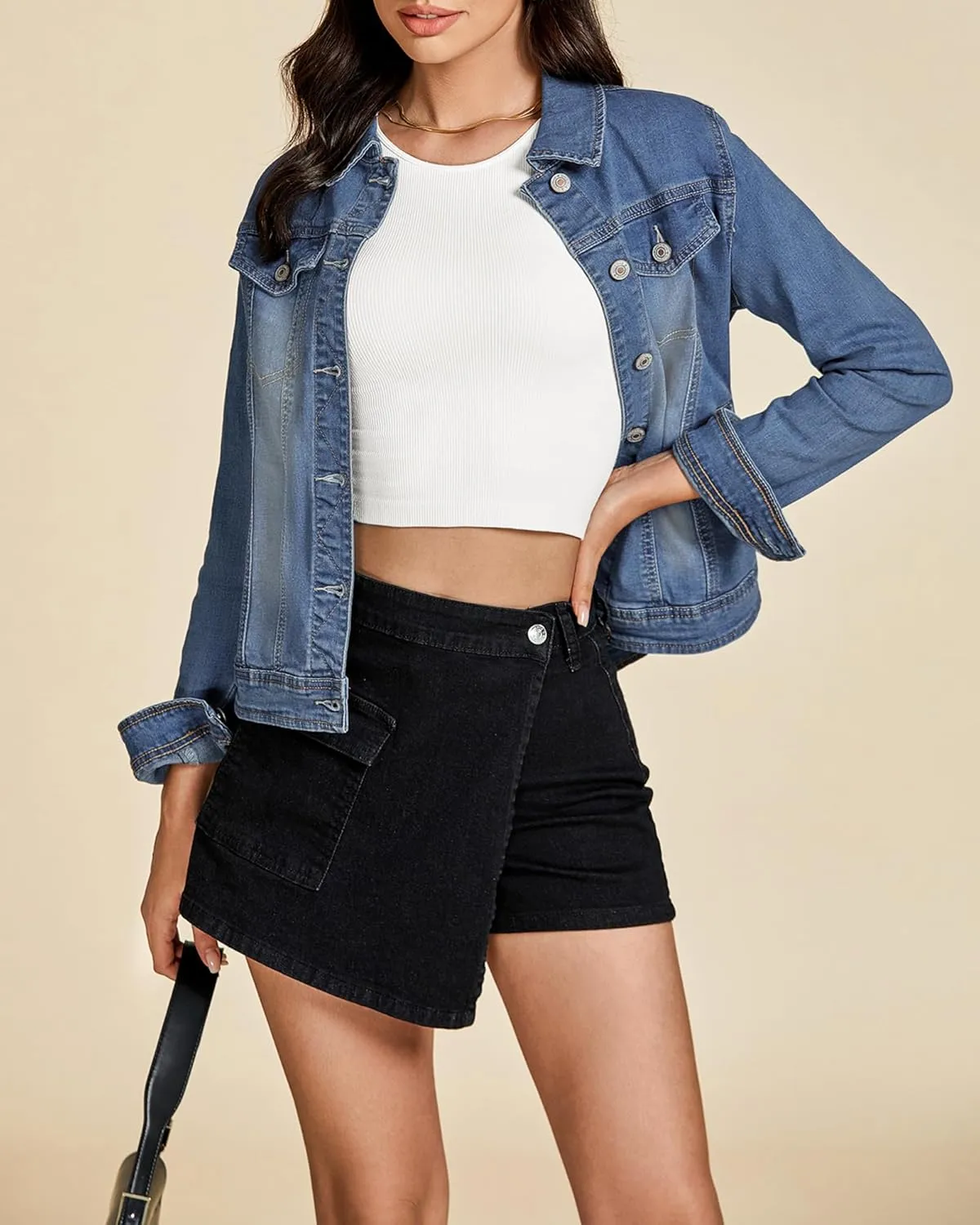 LookbookStore Women's Basic Long Sleeves Button Down Fitted Denim Jean Jackets