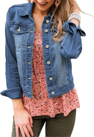 LookbookStore Women's Basic Long Sleeves Button Down Fitted Denim Jean Jackets
