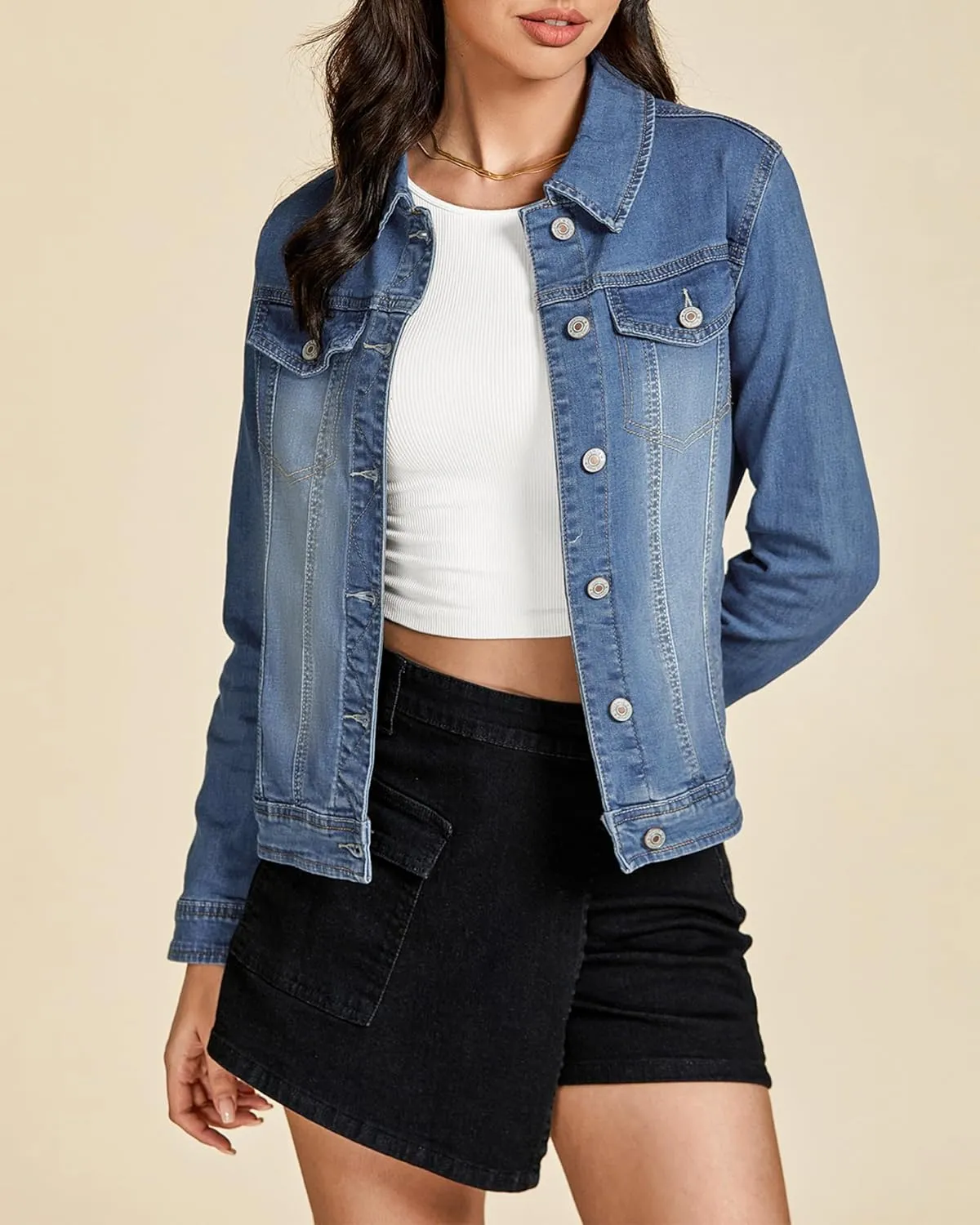 LookbookStore Women's Basic Long Sleeves Button Down Fitted Denim Jean Jackets