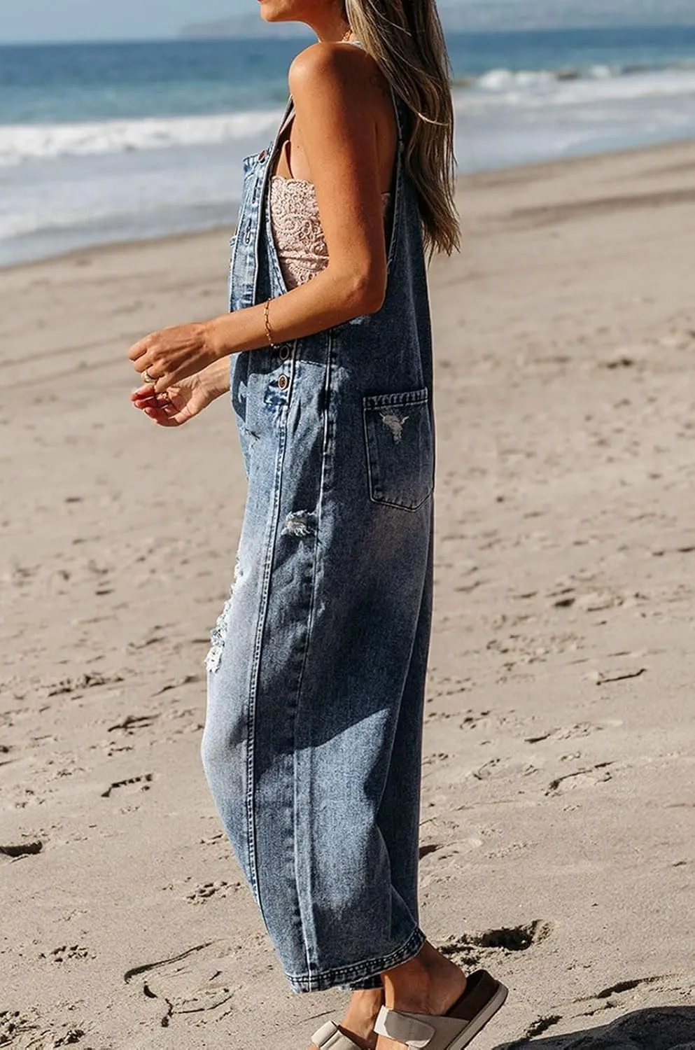 loveimgs Women Baggy Straps Jean Overall Cropped Jumpsuit Distressed Wide Leg Denim Bib Overall Long Cargo Pants Romper