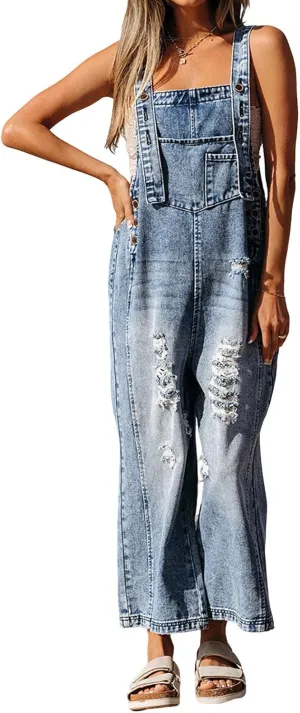 loveimgs Women Baggy Straps Jean Overall Cropped Jumpsuit Distressed Wide Leg Denim Bib Overall Long Cargo Pants Romper