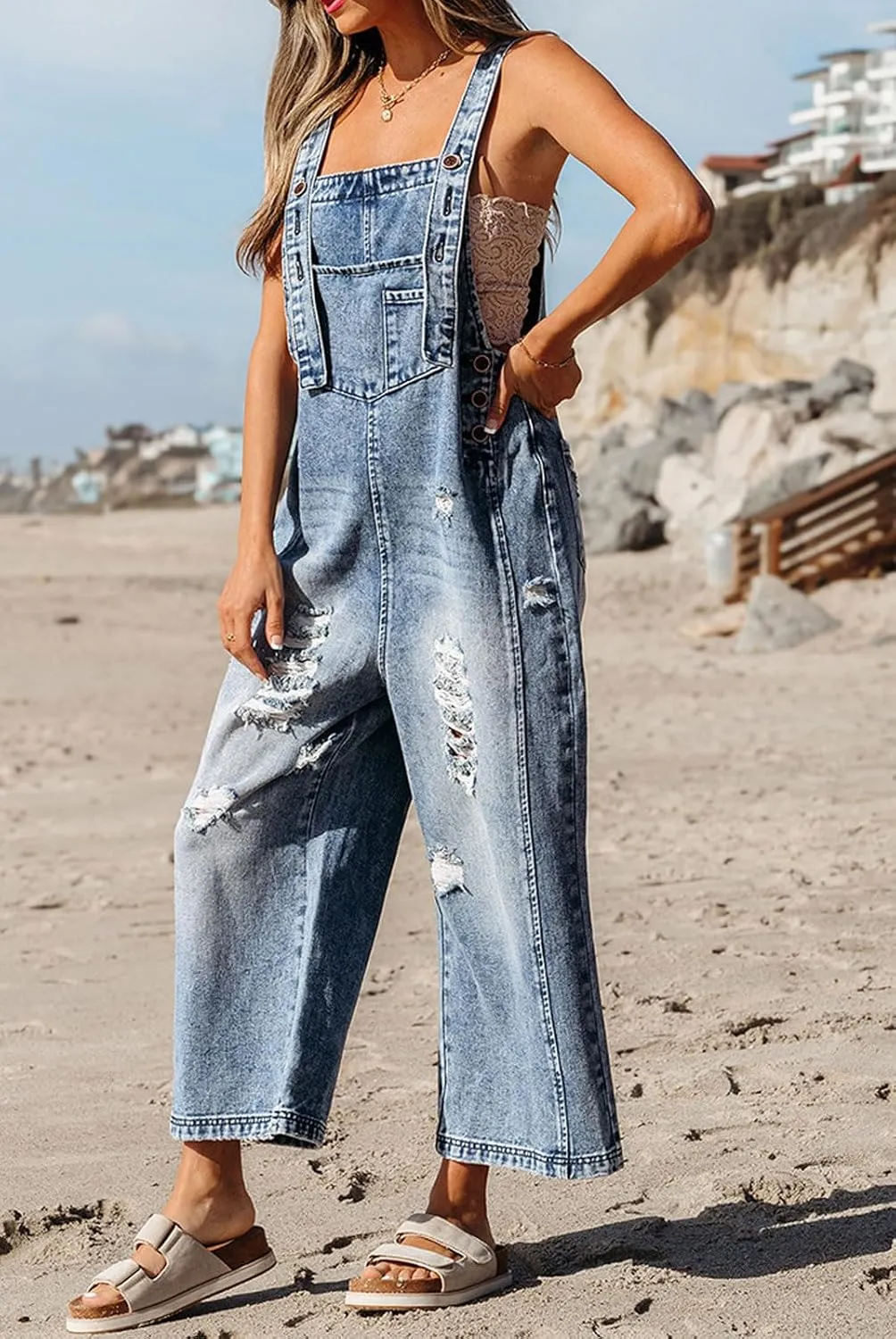 loveimgs Women Baggy Straps Jean Overall Cropped Jumpsuit Distressed Wide Leg Denim Bib Overall Long Cargo Pants Romper