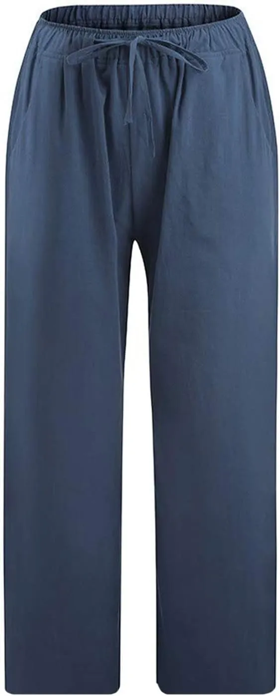 LRMQS Beach Pants Capri Length for Women 2024 Spring Summer Linen Capris Drawstring Elastic Waist Trendy Cropped Trousers