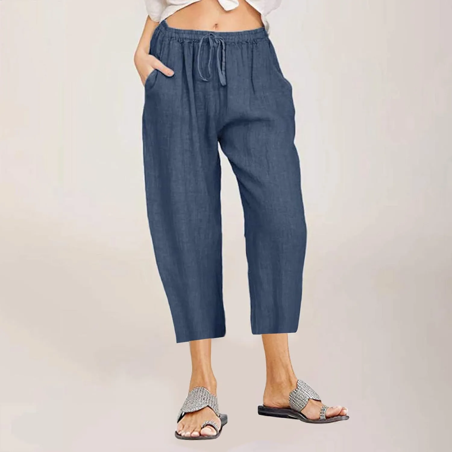 LRMQS Beach Pants Capri Length for Women 2024 Spring Summer Linen Capris Drawstring Elastic Waist Trendy Cropped Trousers