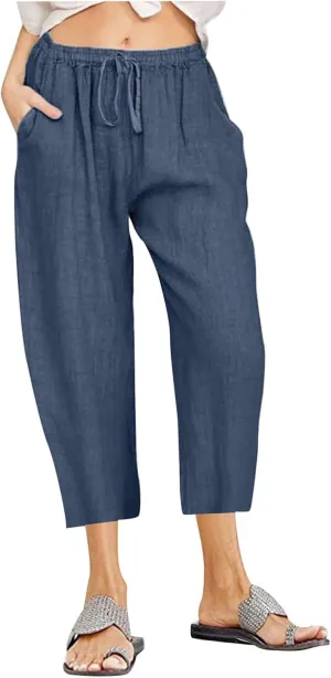 LRMQS Beach Pants Capri Length for Women 2024 Spring Summer Linen Capris Drawstring Elastic Waist Trendy Cropped Trousers