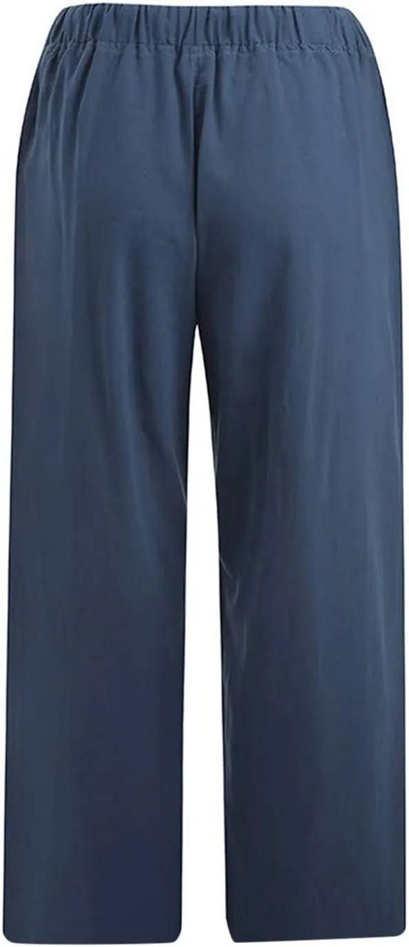 LRMQS Beach Pants Capri Length for Women 2024 Spring Summer Linen Capris Drawstring Elastic Waist Trendy Cropped Trousers