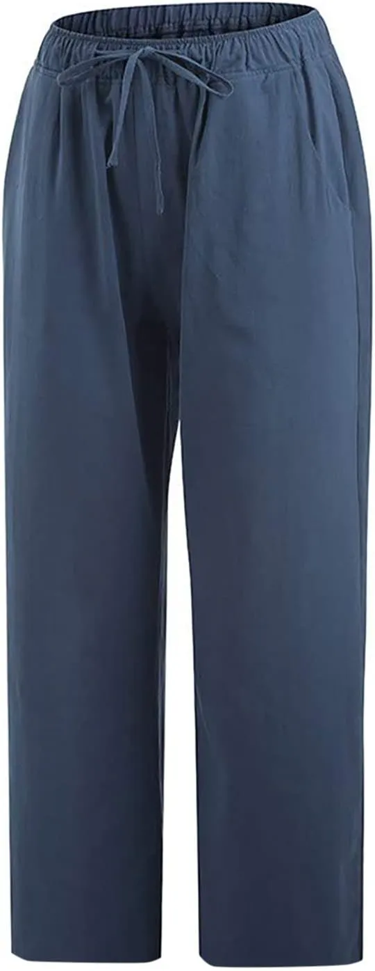 LRMQS Beach Pants Capri Length for Women 2024 Spring Summer Linen Capris Drawstring Elastic Waist Trendy Cropped Trousers