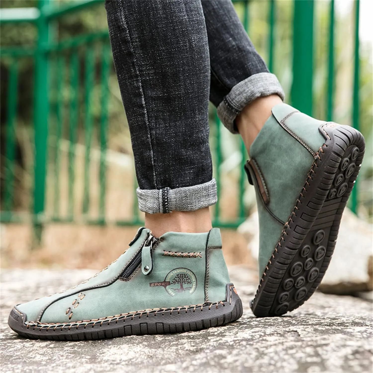 Medieval Boots Leather Renaissance Outdoor Casual Fashion Zipper Slip On Boots for Women Blue Green
