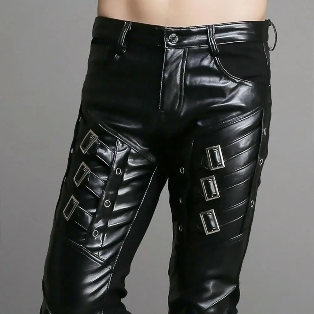 Men`s Black Slim Fit Soft PU Faux Leather Biker Pants