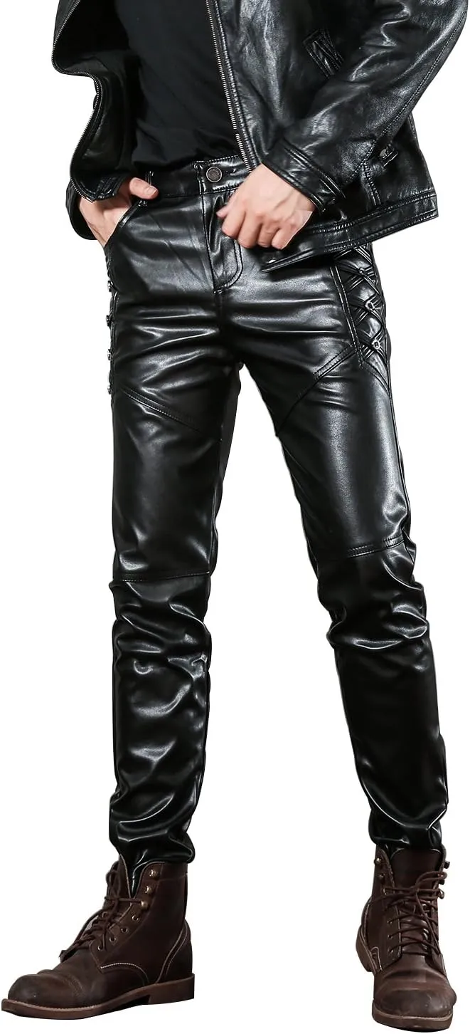 Men`s Black Slim Fit Soft PU Faux Leather Biker Pants