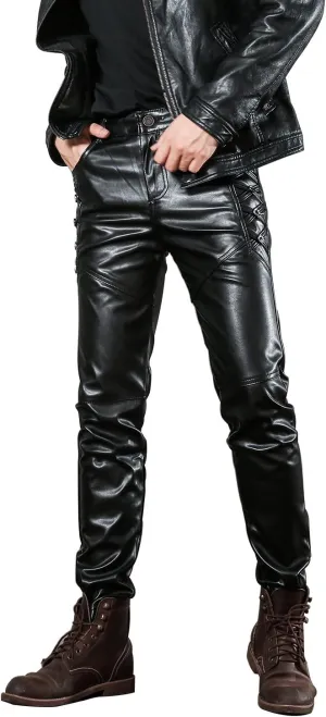 Men`s Black Slim Fit Soft PU Faux Leather Biker Pants