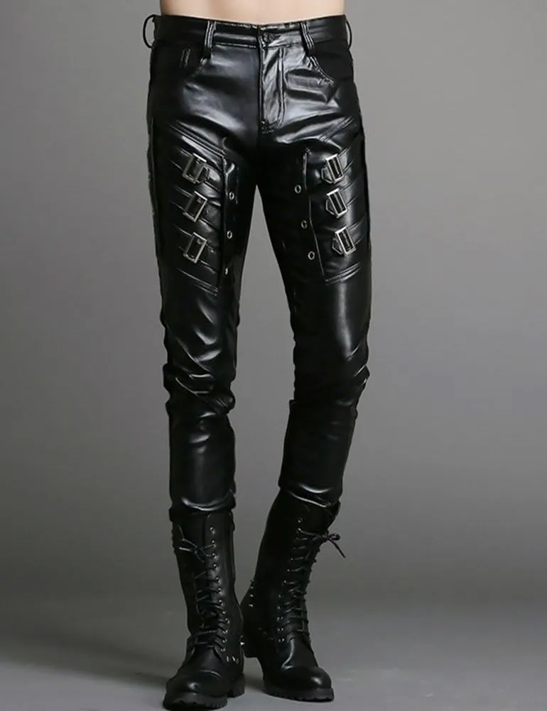 Men`s Black Slim Fit Soft PU Faux Leather Biker Pants