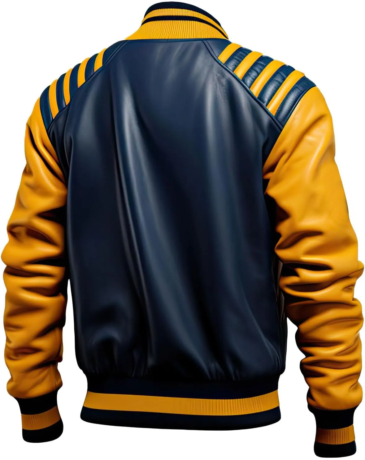 Mens Bomber Varsity Jacket  Blue Mustard Sheepskin Leather, Slim Fit Design