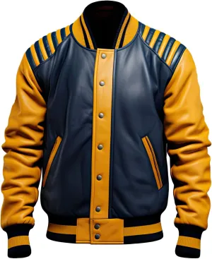 Mens Bomber Varsity Jacket  Blue Mustard Sheepskin Leather, Slim Fit Design