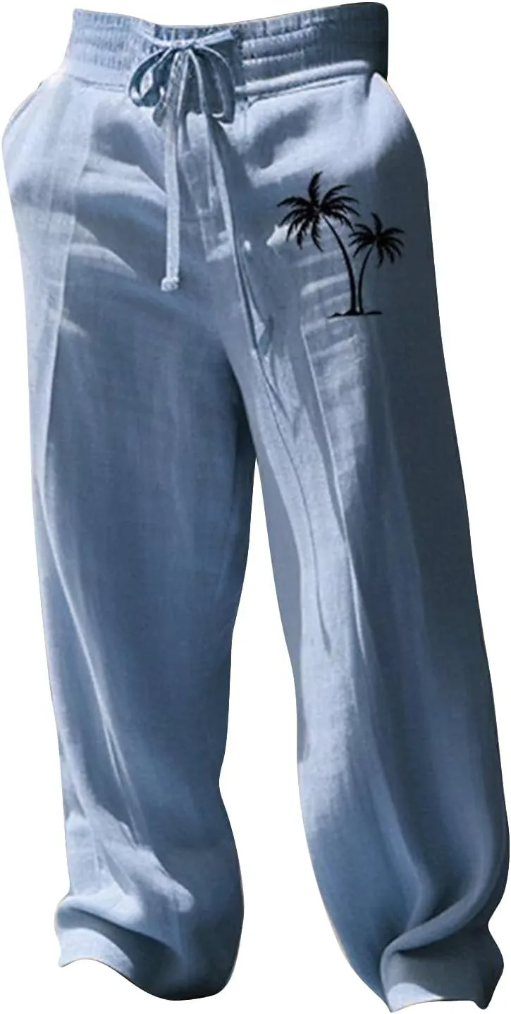 Men's Linen Pants Palm Tree Graphic Casual Pant Summer Outdoor Vacation Beach Plus Size Trousers Open Bottom Slacks