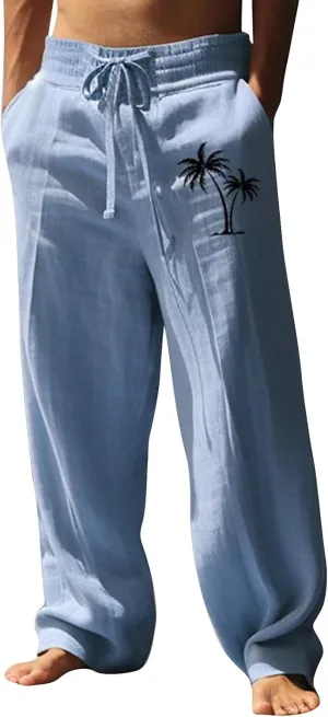 Men's Linen Pants Palm Tree Graphic Casual Pant Summer Outdoor Vacation Beach Plus Size Trousers Open Bottom Slacks