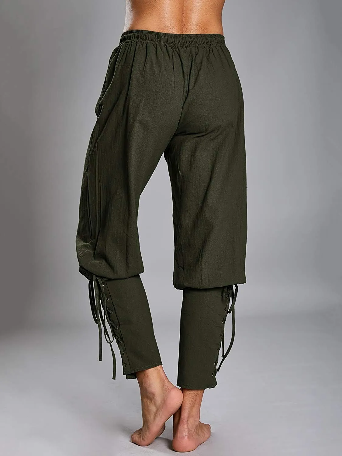 Mens Medieval Ankle Pants Viking Pirate Renaissance Costume Lace Up Tapered Banded Navigator Casual Trousers