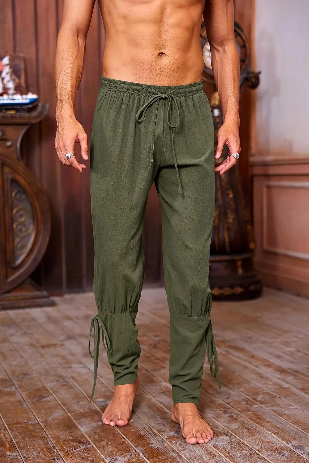 Mens Medieval Ankle Pants Viking Pirate Renaissance Costume Lace Up Tapered Banded Navigator Casual Trousers