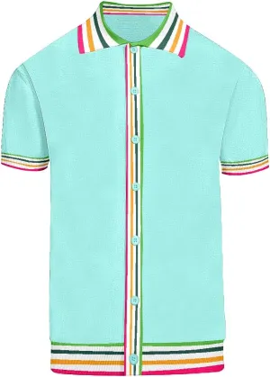 Men's Mint Green Knitted Polo Shirt, Retro Stripe Casual Poloshirt Summer Short Sleeve with Button