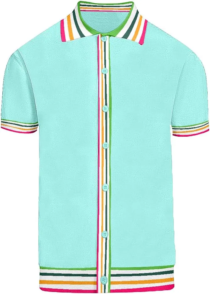Men's Mint Green Knitted Polo Shirt, Retro Stripe Casual Poloshirt Summer Short Sleeve with Button