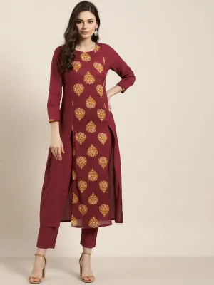 Mustard Booti Slit Kurta With Maroon Pencil Pants