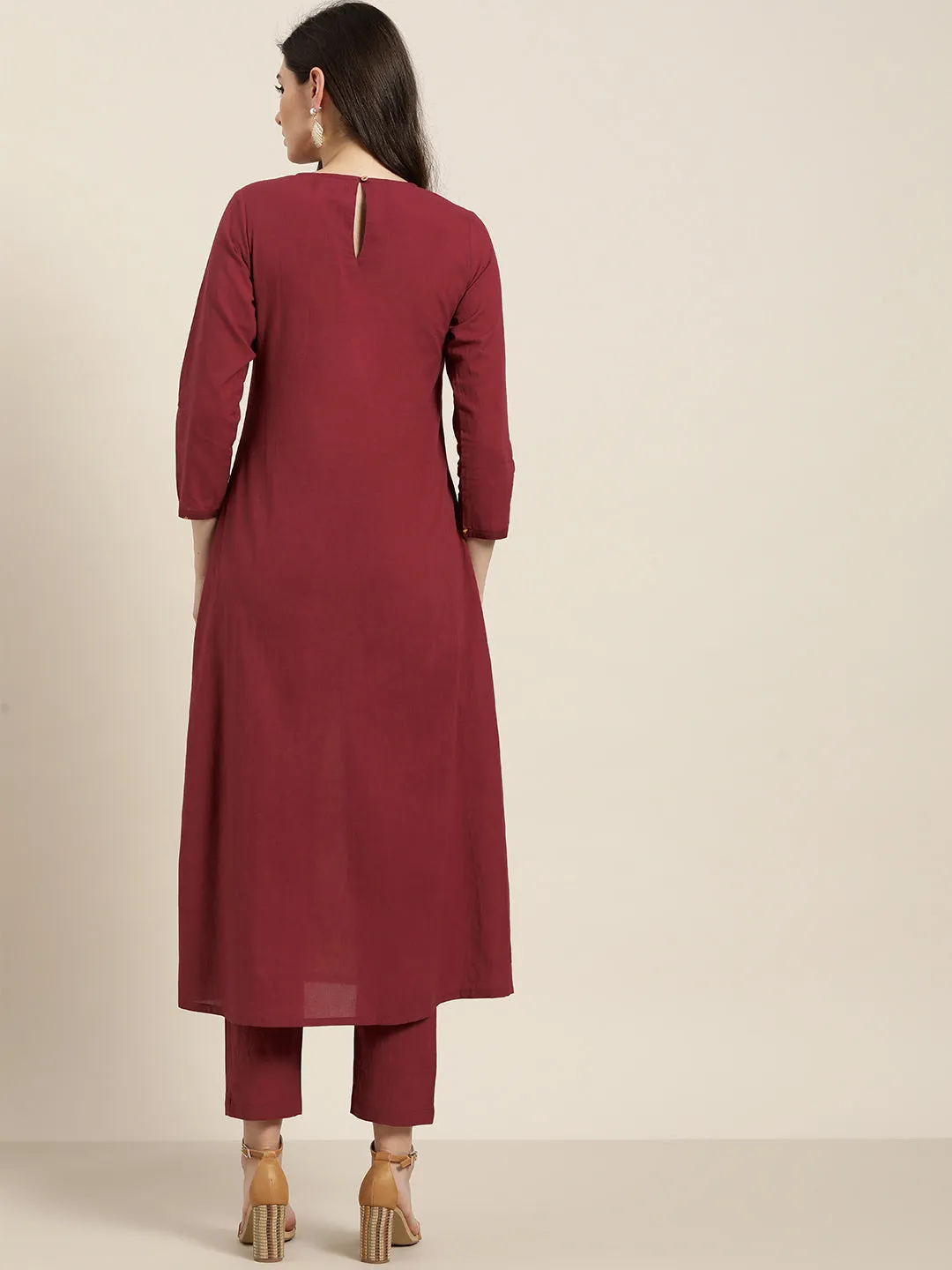 Mustard Booti Slit Kurta With Maroon Pencil Pants