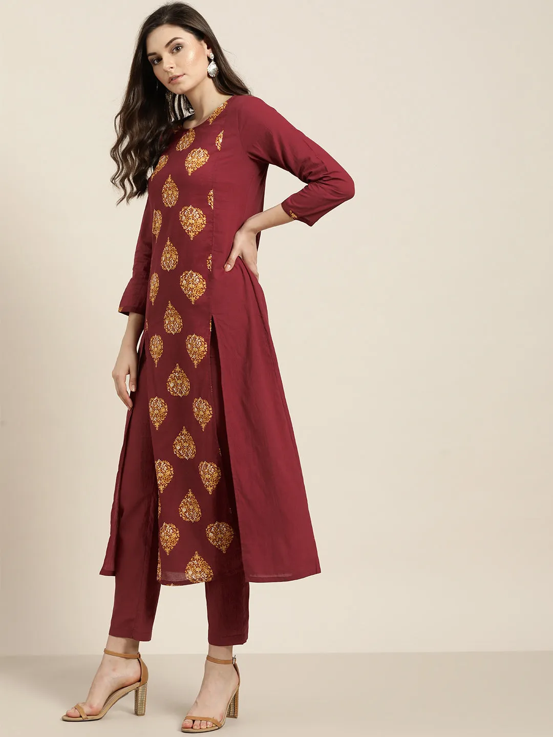 Mustard Booti Slit Kurta With Maroon Pencil Pants