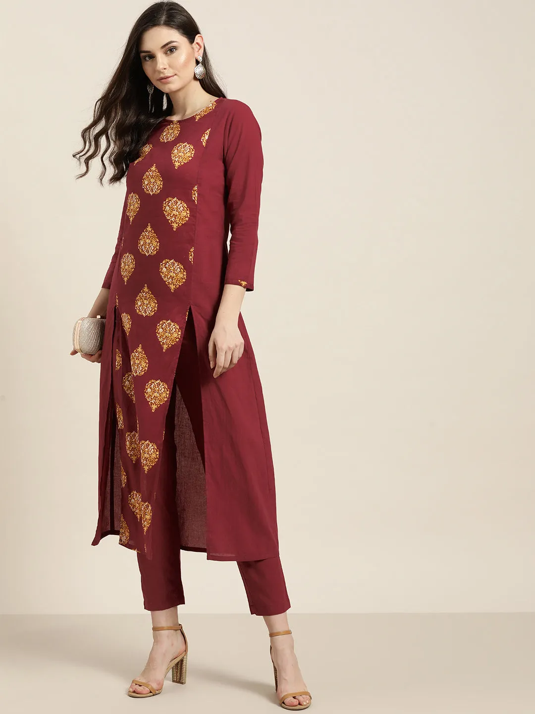 Mustard Booti Slit Kurta With Maroon Pencil Pants