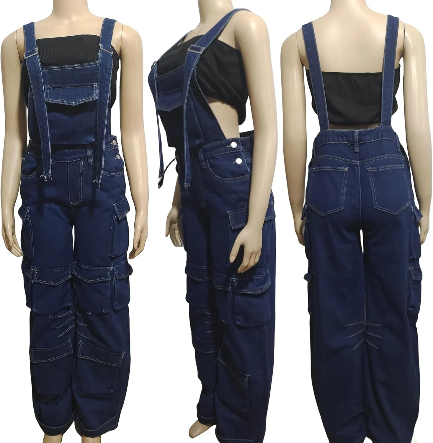 NRTHYE Cargo Denim Jumpsuit Casual Denim Wide Leg Cargo Overalls Straps Jeans Jumpsuit Romper