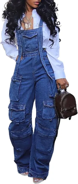 NRTHYE Cargo Denim Jumpsuit Casual Denim Wide Leg Cargo Overalls Straps Jeans Jumpsuit Romper
