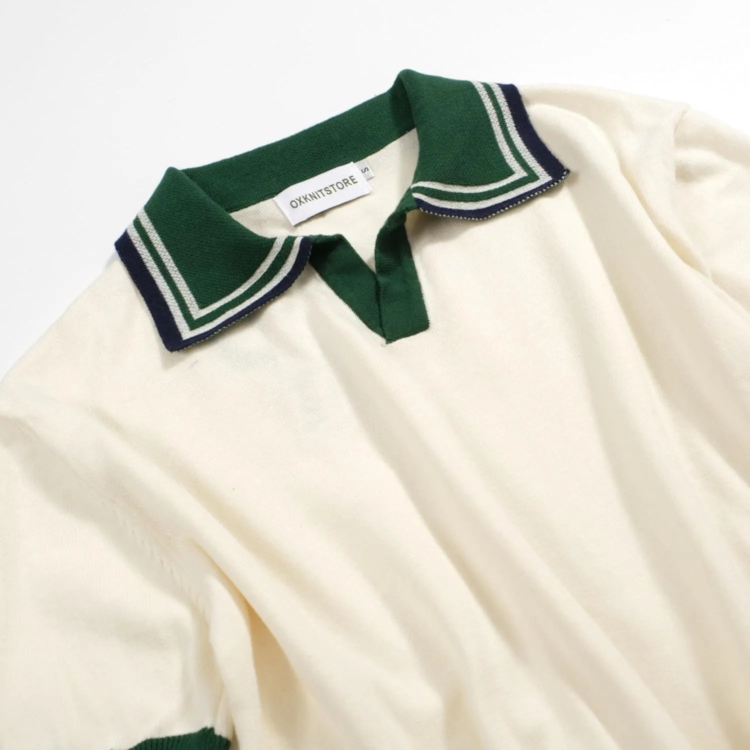 OXKNIT Men's Polo Shirts Short Sleeve Knitted Casual White Summer Shirt with Green Collar