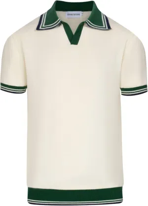 OXKNIT Men's Polo Shirts Short Sleeve Knitted Casual White Summer Shirt with Green Collar