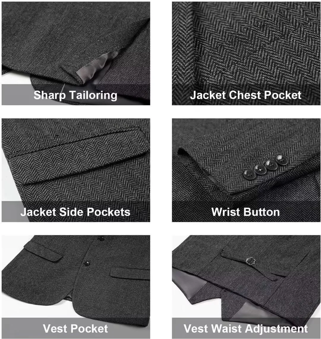 Retro 3 Piece Herringbone Tweed Suit Men's Wool Tuxedos Set Prom Brown Jacket Blazer Vest Pants Themed Wedding
