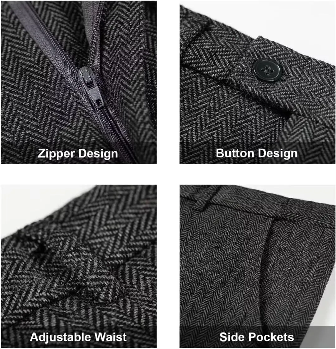Retro 3 Piece Herringbone Tweed Suit Men's Wool Tuxedos Set Prom Brown Jacket Blazer Vest Pants Themed Wedding