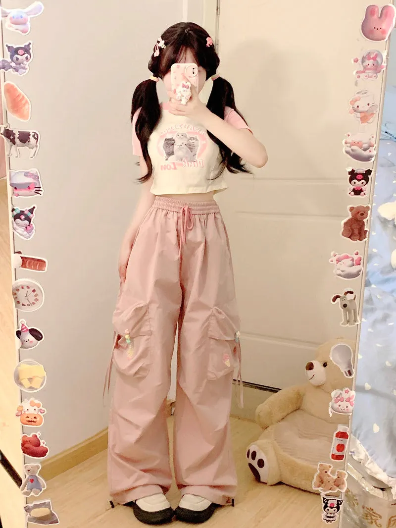 Serendipity Summer Cat Raglan T Shirt & Pink Gathered Pants Two Piece Set