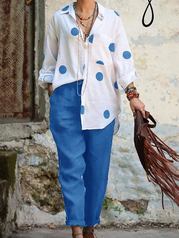 Sets Polka Dot Button Shirt & Solid Pants Two Piece Set for Women
