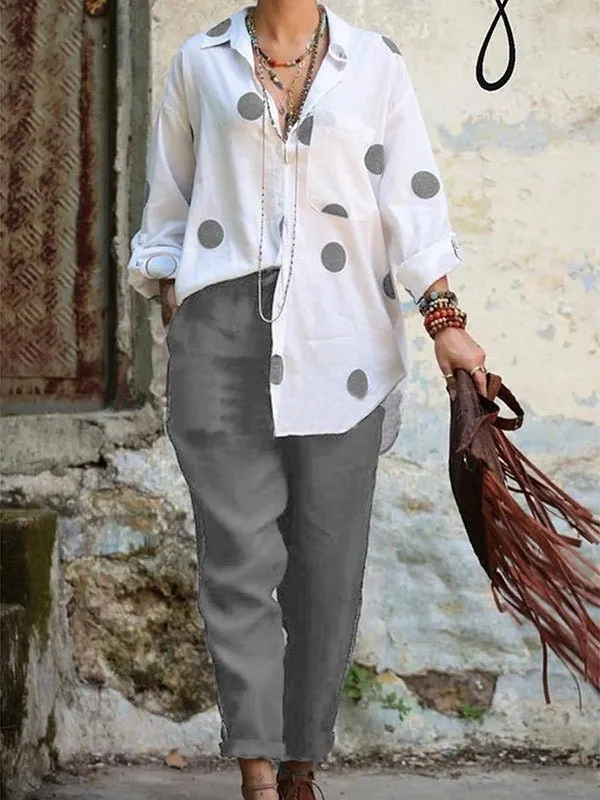 Sets Polka Dot Button Shirt & Solid Pants Two Piece Set for Women