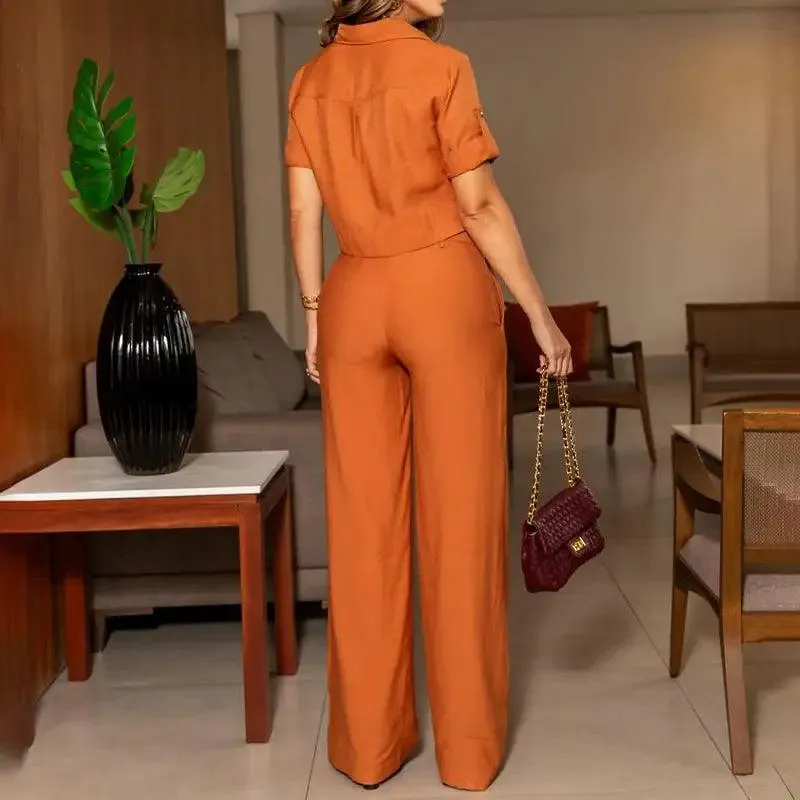 Simple And Short Top With Straight-leg Wide-leg Pants Commuter Two-piece Set