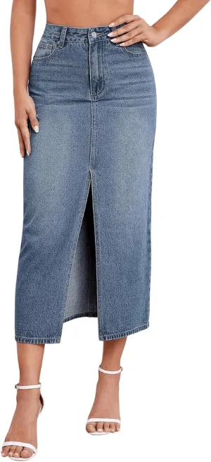 Stylish Women's Stretch Denim Skirt Mid-Length Comfortable & Curve-Hugging with Center Slit
