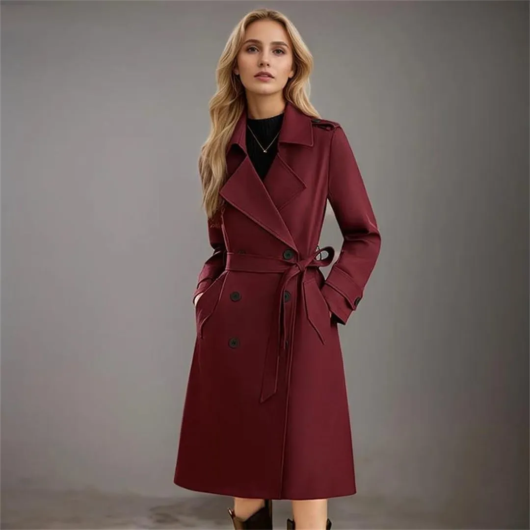 Trench Coat Women Lapel Long Sleeves Double Breasted Sashes Loose Solid Windproof
