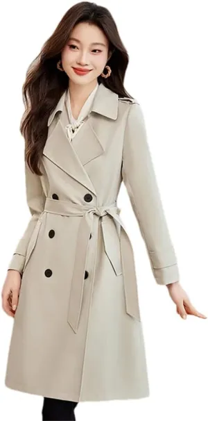 Trench Coat Women Lapel Long Sleeves Double Breasted Sashes Loose Solid Windproof