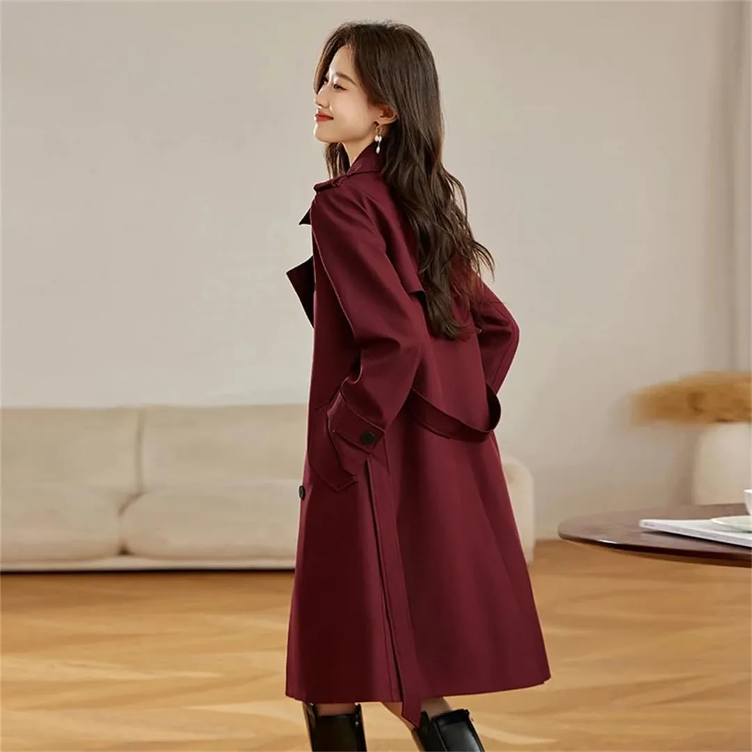 Trench Coat Women Lapel Long Sleeves Double Breasted Sashes Loose Solid Windproof